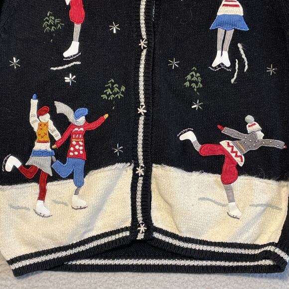 All Points Cardigan Sweater Size S Black & White W/ Embroidered Ice Skaters - Picture 7 of 15